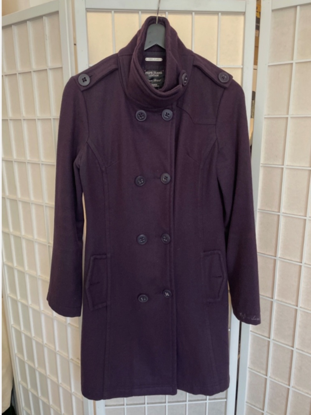 Coat Funnel Neck Belted Double Breasted Fully Lined Knee Length Purple Small